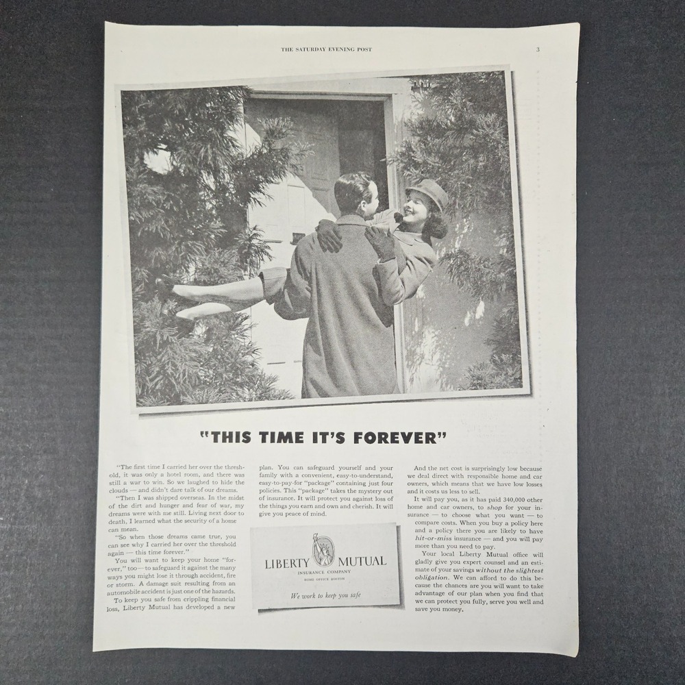 1945 Liberty Mutual Insurance Co Vintage Print Ad Bride Over Threshold Boston MA